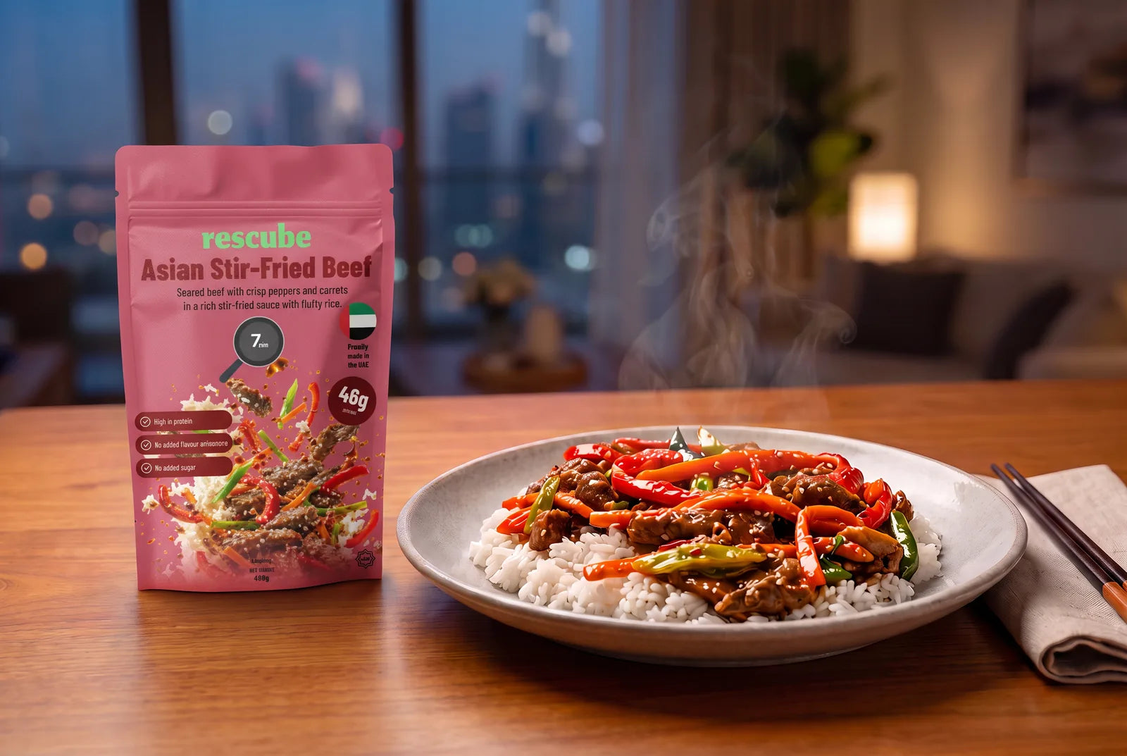 A man enjoying a Rescube Asian stir-fried beef dinner at 7:07 PM