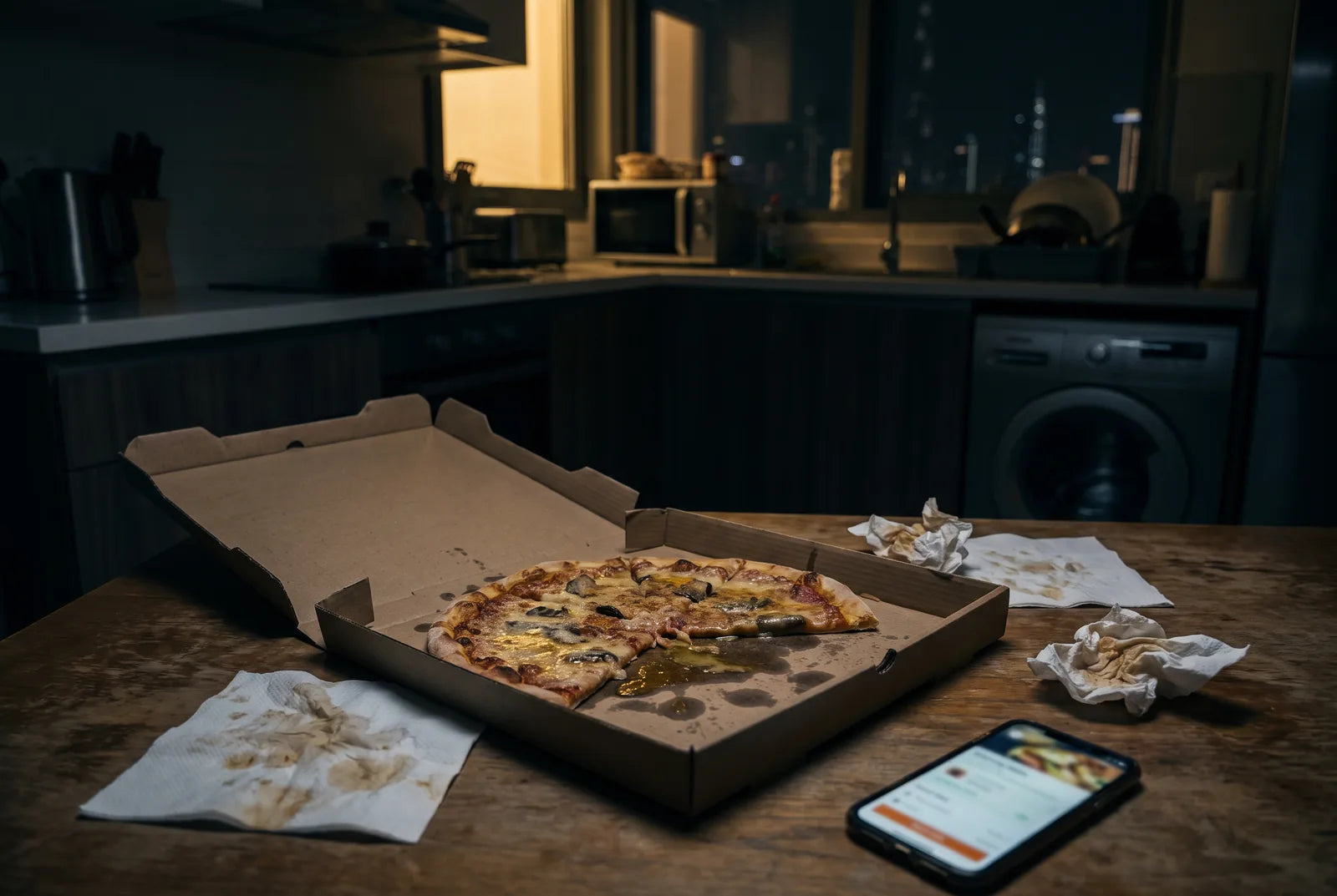 A tired man deciding what to eat after a busy day at 7:00 PM