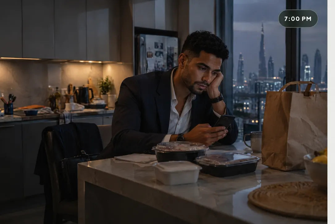 A tired man deciding what to eat after a busy day at 7:00 PM