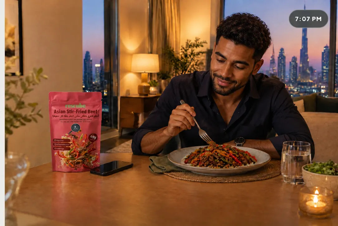 A man enjoying a Rescube dinner at 7:07 PM