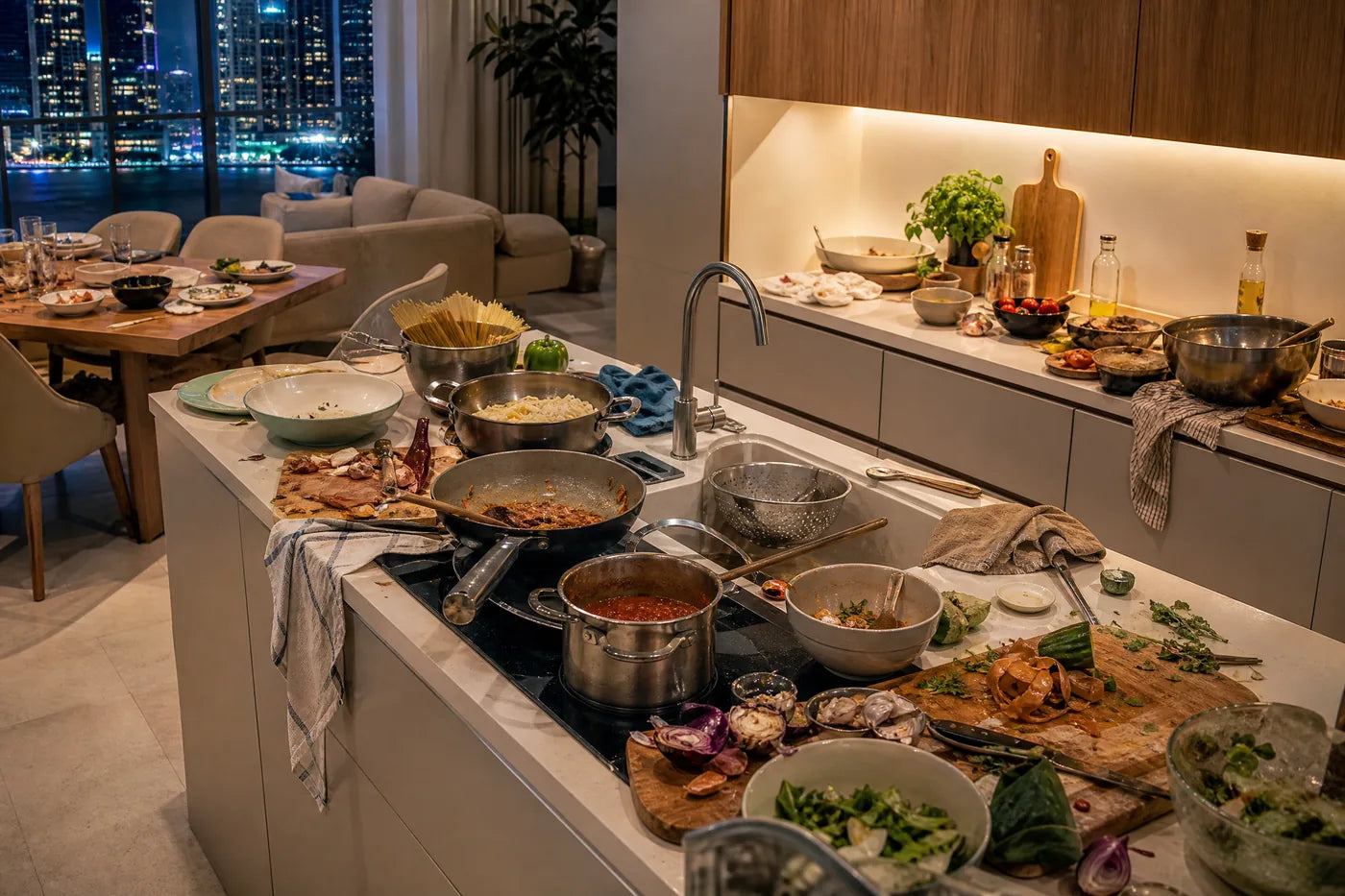 A cluttered family kitchen after cooking several different dinners at once