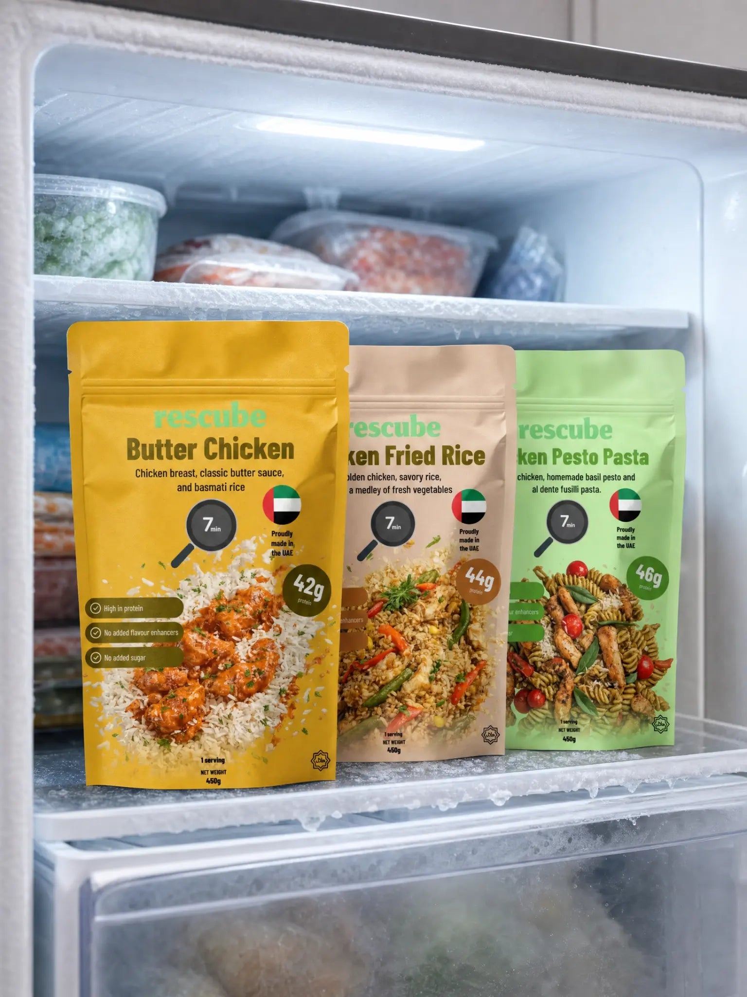 Three Rescube meal bags naturally stored on a frosted freezer shelf