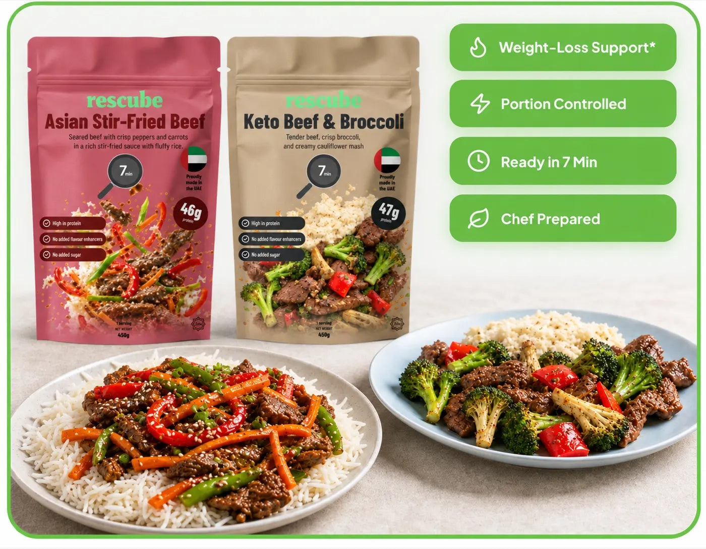 Two plated Rescube beef dishes displayed naturally in front of their branded meal bags