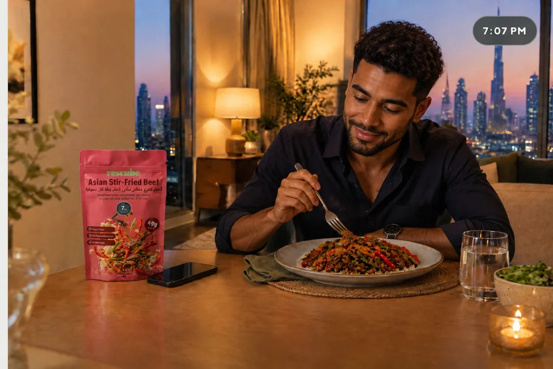 A man sitting down to a chef-prepared Rescube high-protein dinner already at home